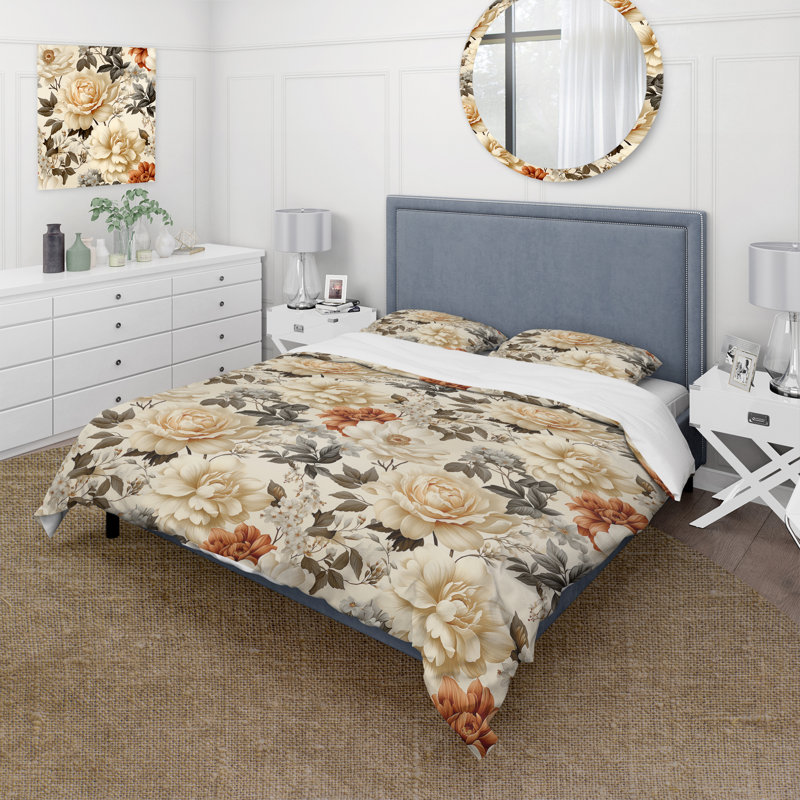 Ensemble de housse de couette Beige Vintage Countryhouse Flower Harmony, Housse de couette simple + 1 taie décorative stan
