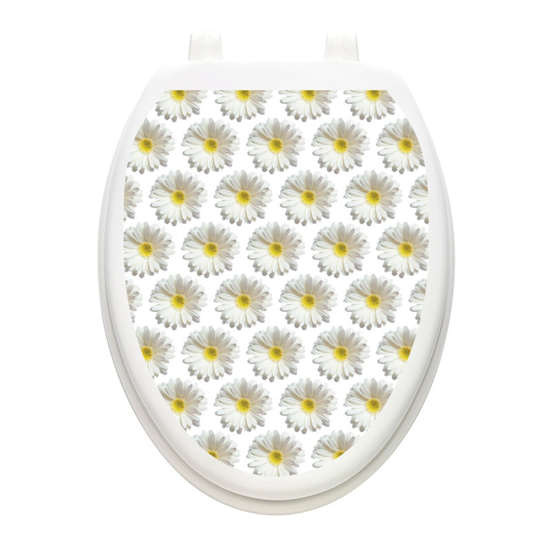 Décalcomanie de siège de toilette Floral White Daisies - Toilette moderne avec couvercle en vinyle, Allongé, À jet d'air