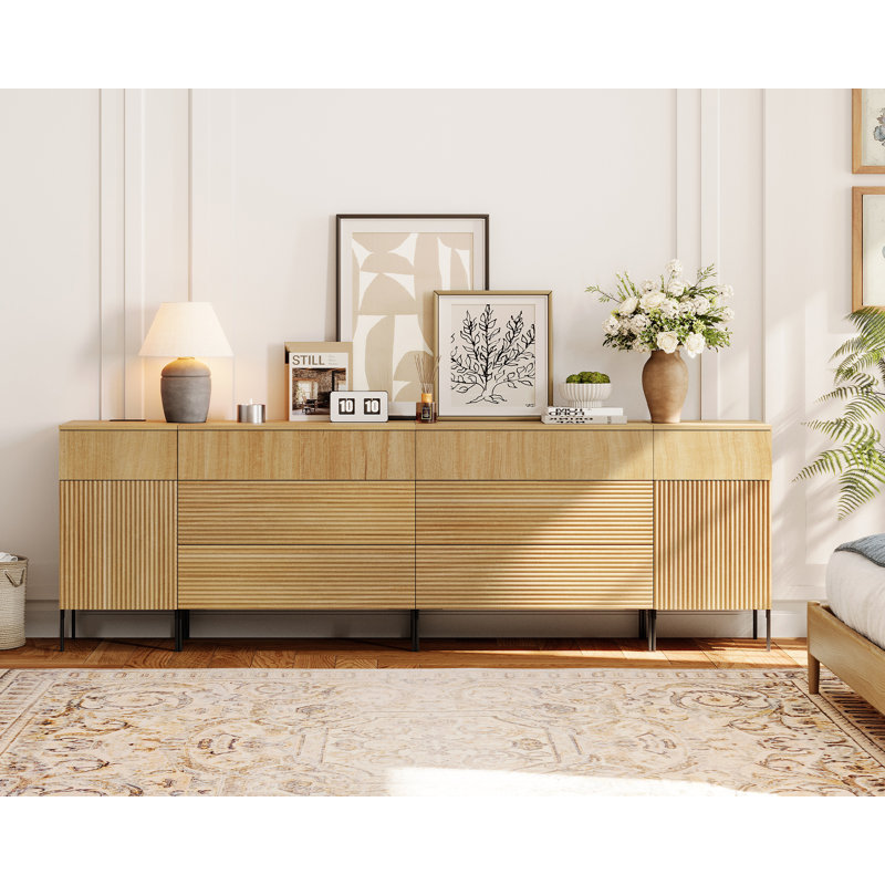 94.5" Modern Wood 8-Drawer Accent Cabinet With Reeded Design, Minimalist Cabinet Organizer Storage With Charging Station For Bedroom,Living Room, Entryway