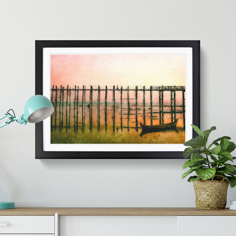 U Bein Bridge in Myanmar - Picture Frame Painting Print, 62cm H x 87cm W x 2cm D, Black Framed
