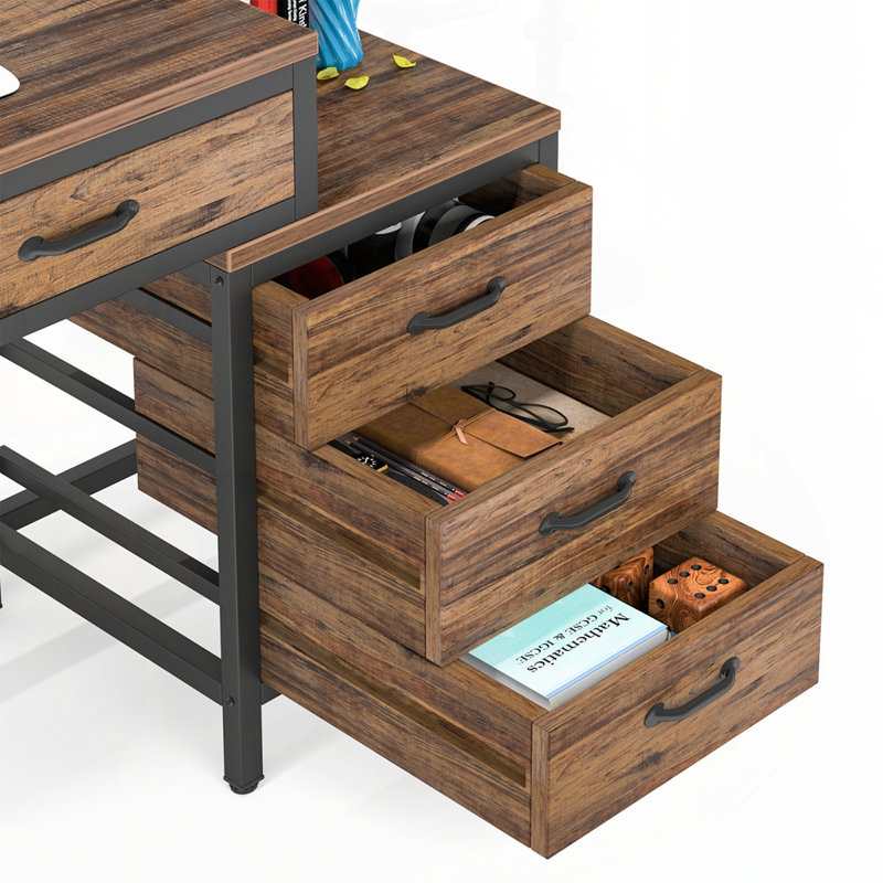 Bureau d'ordinateur 51 po réversible avec 5 tiroirs et classeur, Noyer