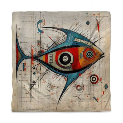 Minimalist Aquatic Queen Duvet Cover - Abstract Fish Design