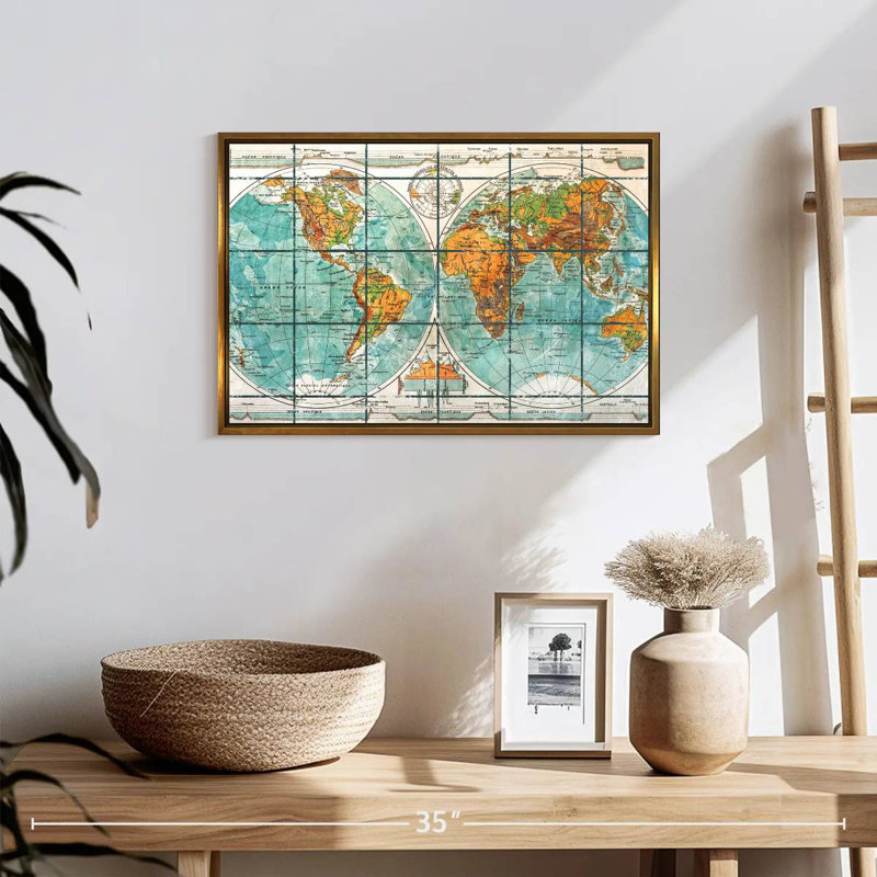 Globe World Map, 19" X 13", Floating Frame Gold