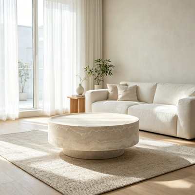 35.43 Inch Round Drum Coffee Table, Fiberglass Faux Marble Low Profile Coffee Table, Modern Minimalist Accent Table for Living Room