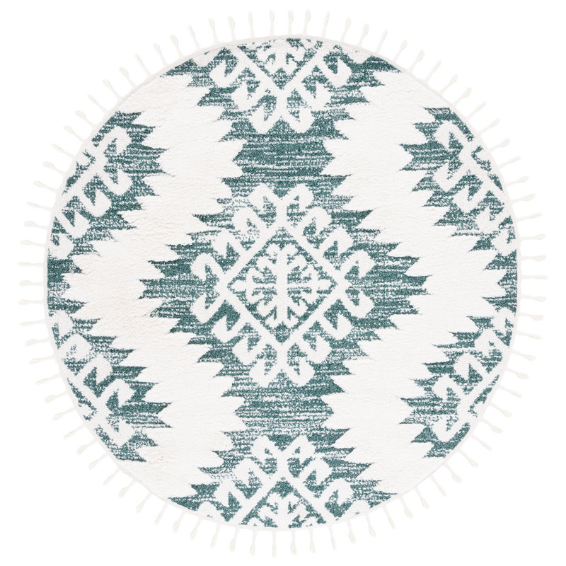 Tapis à performance géométrique marocain, Green/Ivory, Rond 4 pi
