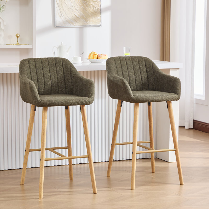 29.5'' Linen Upholstered Bar Stool with Wooden Legs, Olive