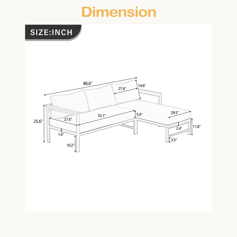 Canapé d'extérieur en forme de L avec structure en fer, ensemble de canapé de patio résistant aux intempéries avec coussins ultra-épais, siège confortable pour 3 personnes