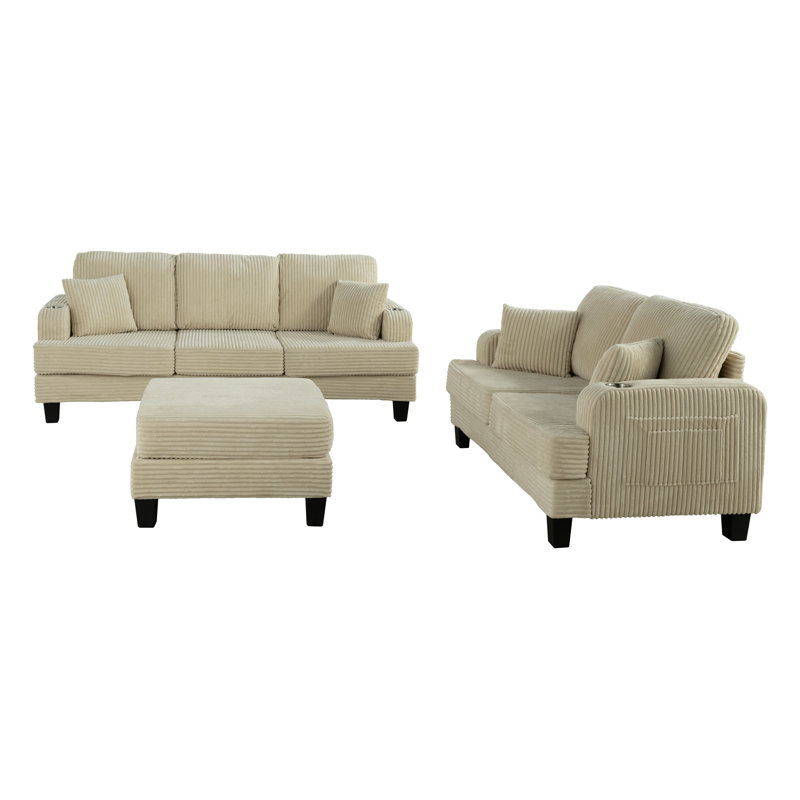 Canapé 3 places avec causeuse Crestline, Velours côtelé beige
