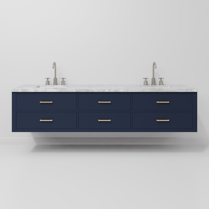 Ensemble de meuble-lavabo double mural 84 po Castor, Bleu, Marbre de Carrare blanc