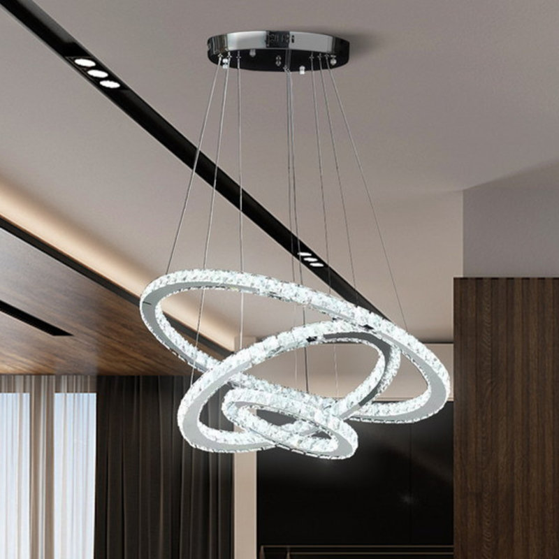 Lustre à télécommande réglable à intensité variable de 11,8 po à 47,2 po de hauteur réglable à trois anneaux en cristal blanc pur blanc moderne