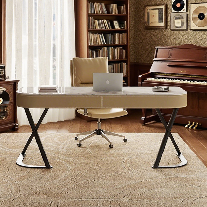 Bureau en marbre minimaliste avec pieds en métal à structure en X, H 29,53 po x l 55,12 po x P 23,62 po
