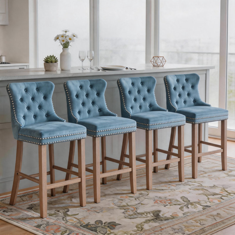 Contemporary Counter Height Velvet Bar Stools (Set of 8), Bleu clair