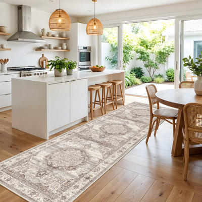 Washable 3x12 Hallway Runner Rug: Vintage Non Slip Soft Rug for Entryway Kitchen Living Room Low-Pile Water Resistant Carpet for Bathroom Nursery Thin Floor Mat for Bedroom Dining Room(Beige,3x12)