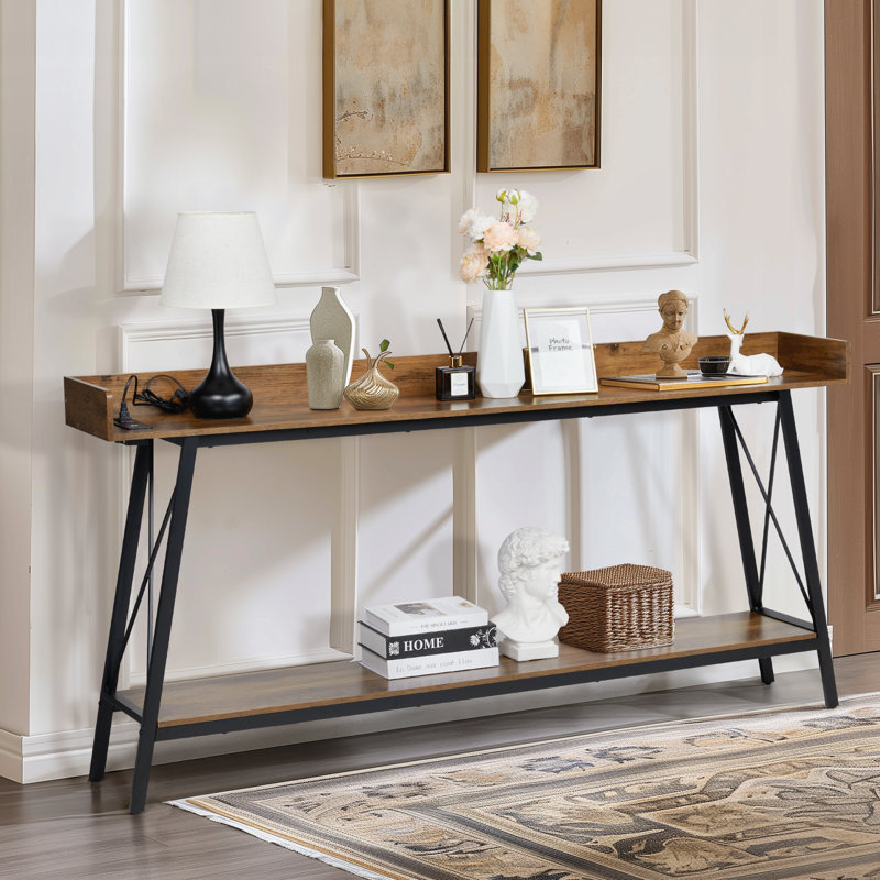Extra Long Console Table With 2 Power Outlets & USB Ports, Brown Wood/Black