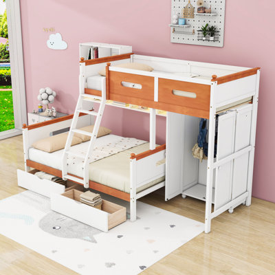 Twin Over Full Bunk Bed With Wardrobe, Drawers, Shelves And LED Lighting