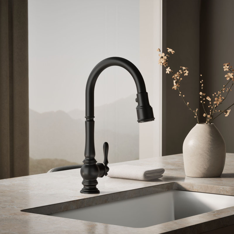 Artifacts® Pull Down Single Handle Kitchen Faucet, Matte Black