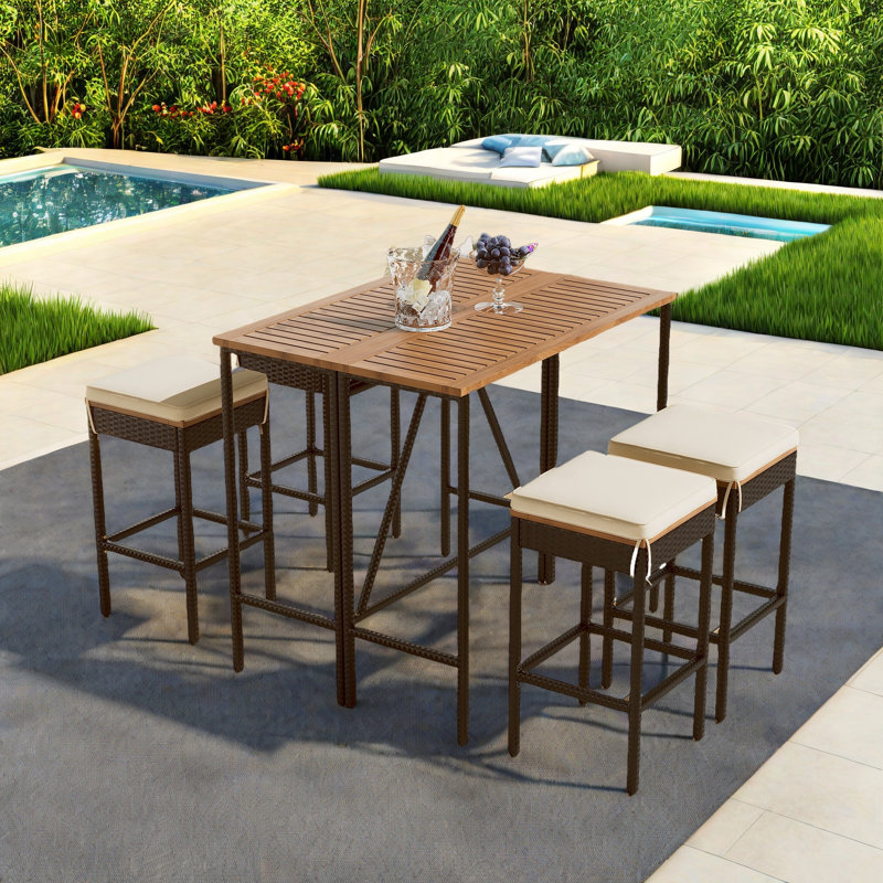 Outdoor Dining Table Sets Included 1 Foldable Table And Four Stools With Cushions, 4