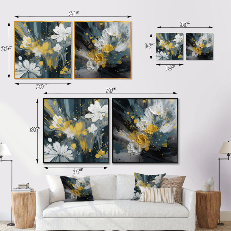 Paysage de jacinthe jaune et blanc - ensemble de 2 collages floraux carrés, Cadre flottant doré, H 16 po x l 33 po