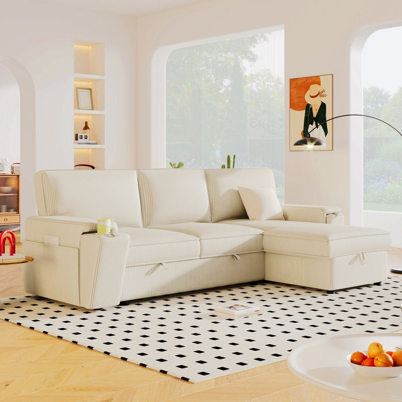 Canapé-lit modulaire Upholstery avec sacs de rangement et 2 porte-gobelets sur les accoudoirs, Beige