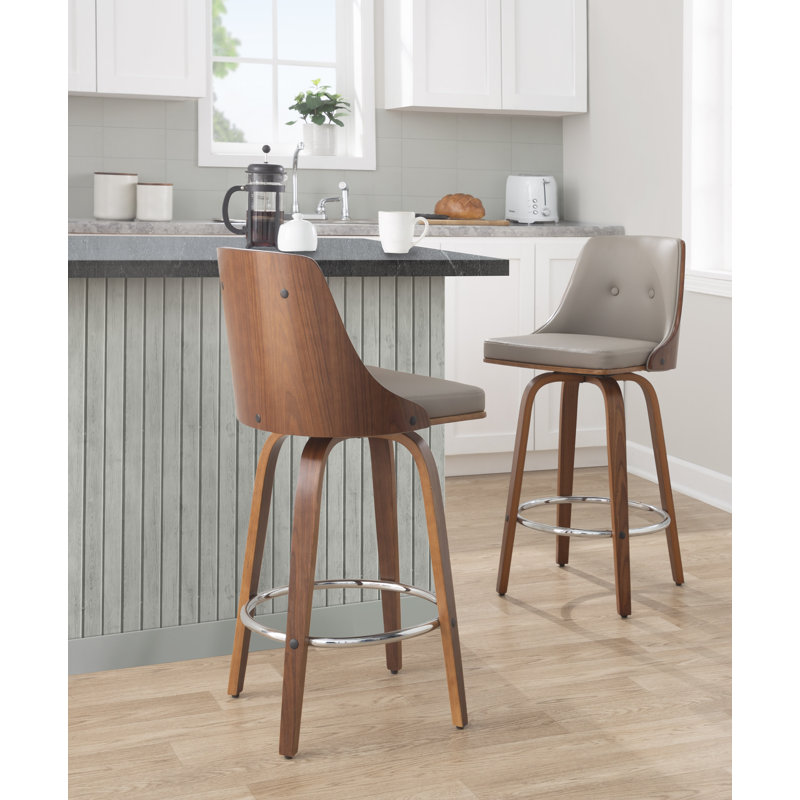 Archaimbaud Fixed Height Faux Leather Bar & Counter Stool with Round Footrest, Light Gray Faux Leather, Chrome