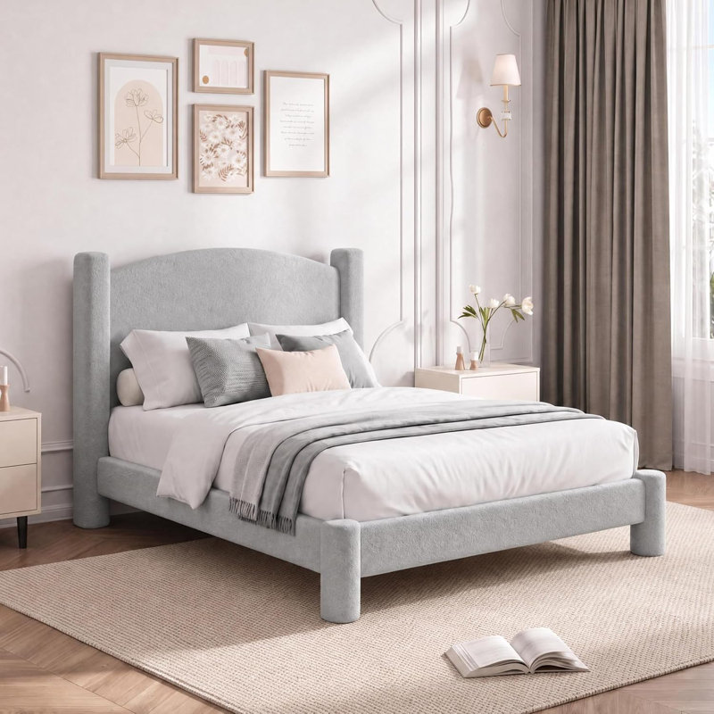 Base de lit Cloud avec tête de lit ronde et pieds cylindriques | Lit plateforme tapissier Soft Boucle, robuste et silencieux, aucun sommier tapissier requis