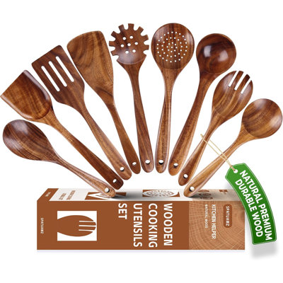 Ensemble 9 pièces d'ustensiles de cuisine en bois de teck naturel, cuillères en bois fabriquées à la main, spatules et outils de service pour la cuisine, non toxiques et durables pour toute batterie de cuisine
