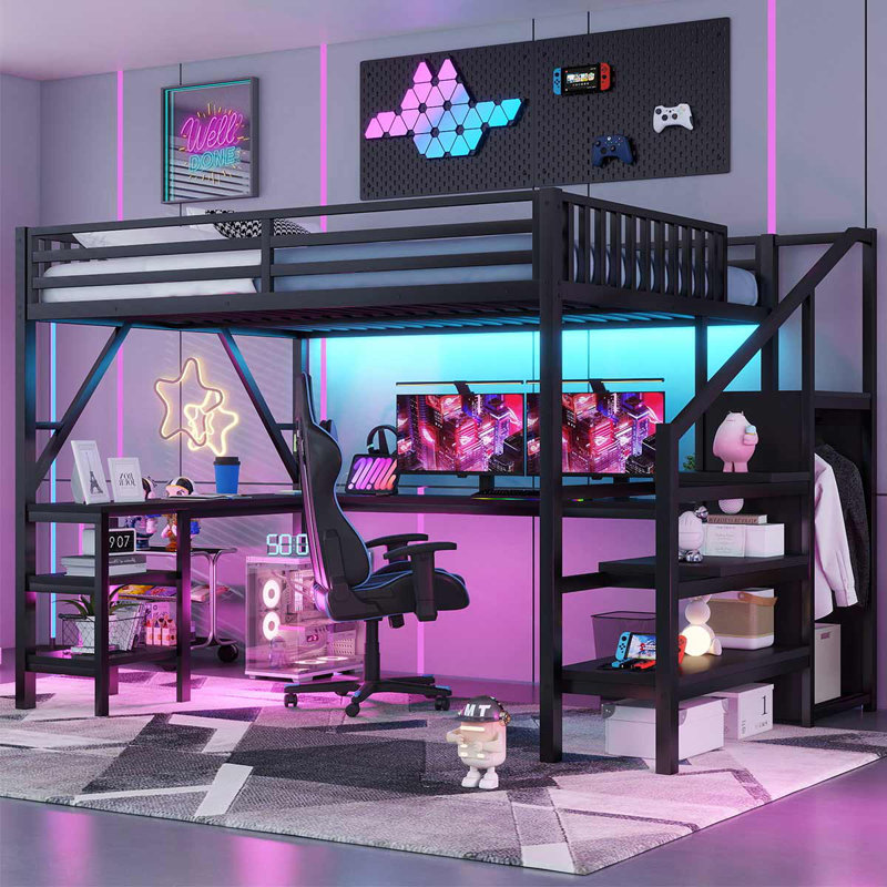 Queen Size Loft Bed With L Shaped Desk, LED Light And USB For Kids Teens Adults