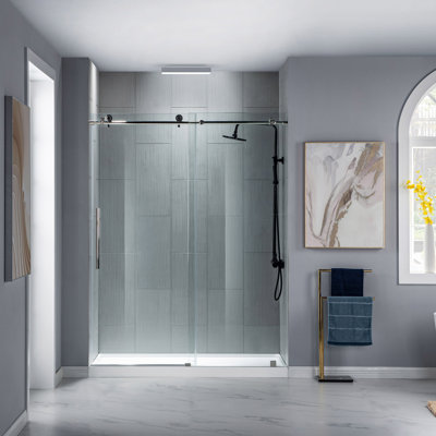 Porte de douche coulissante simple sans cadre de 44 à 48 po x H 76 po avec verre trempé transparent antidéflagrant de 3/8 po (10 mm), accessoires en acier inoxydable