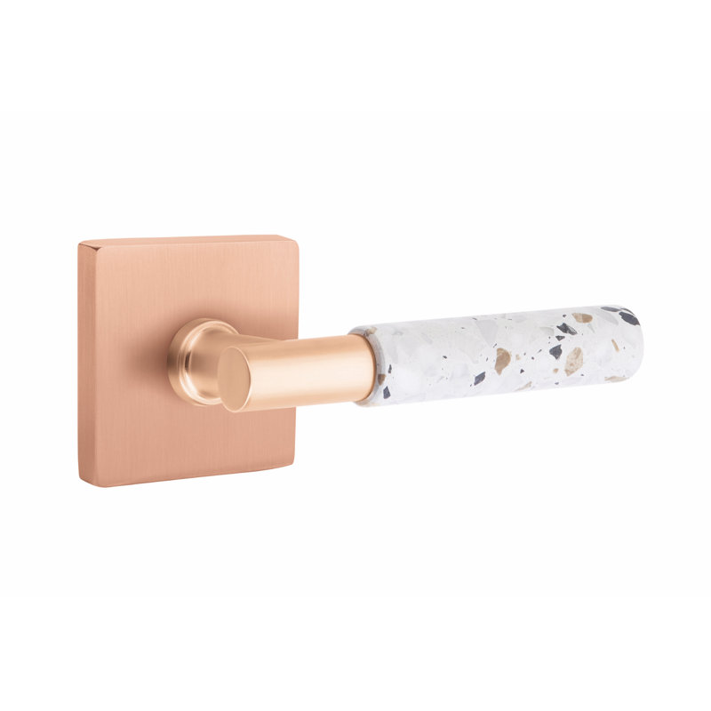 Ensemble de faux leviers Emtek Select, rosette carrée, tige en T et poignée en marbre blanc, Or rose satiné / terrazzo clair