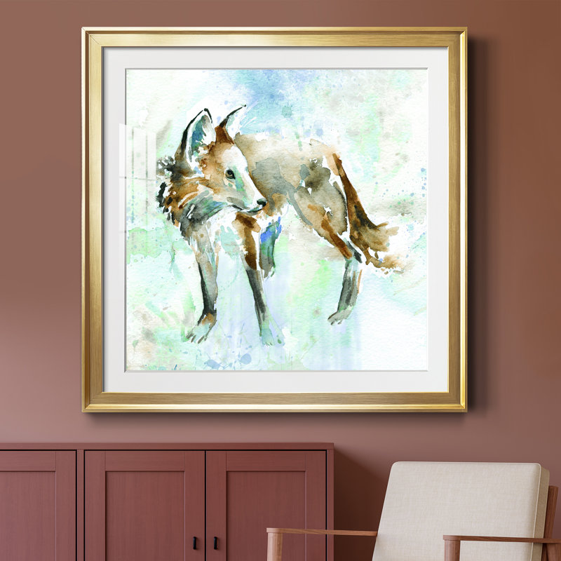 Renard sur fond bleu - peinture encadrée, Papier encadré doré, H 26,5 po x l 26,5 po x P 1,5 po