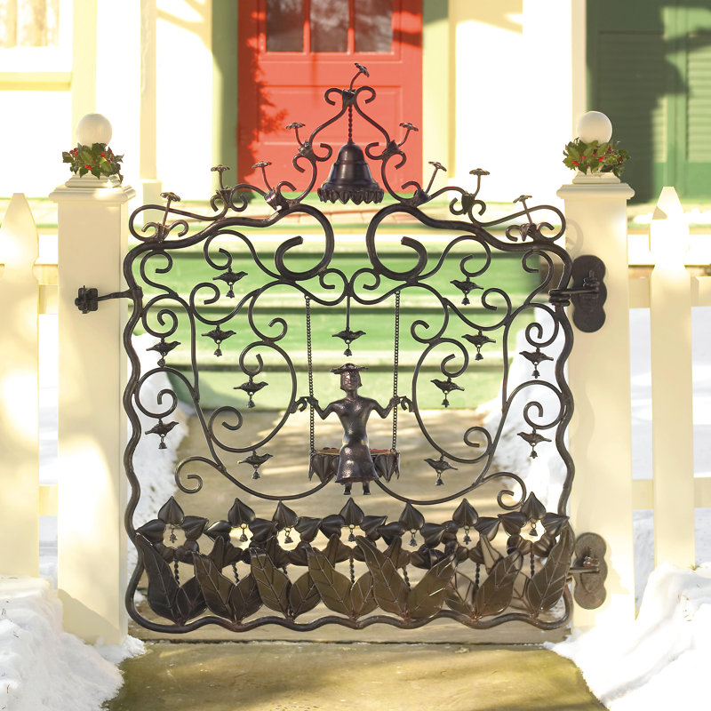 Black Forged Iron Garden Gate with Decorative Swing