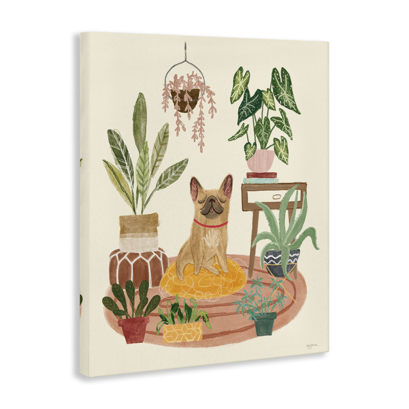 «Pug Dog with Plants», art mural sur toile par Mary Urban, H 48 po x l 36 po