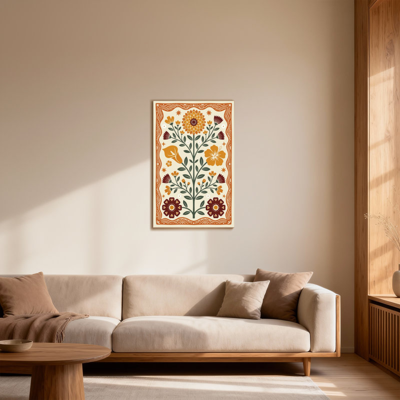 Motif floral de plantes et de fleurs avec des fleurs orange et rouges, H 18 po x l 12 po