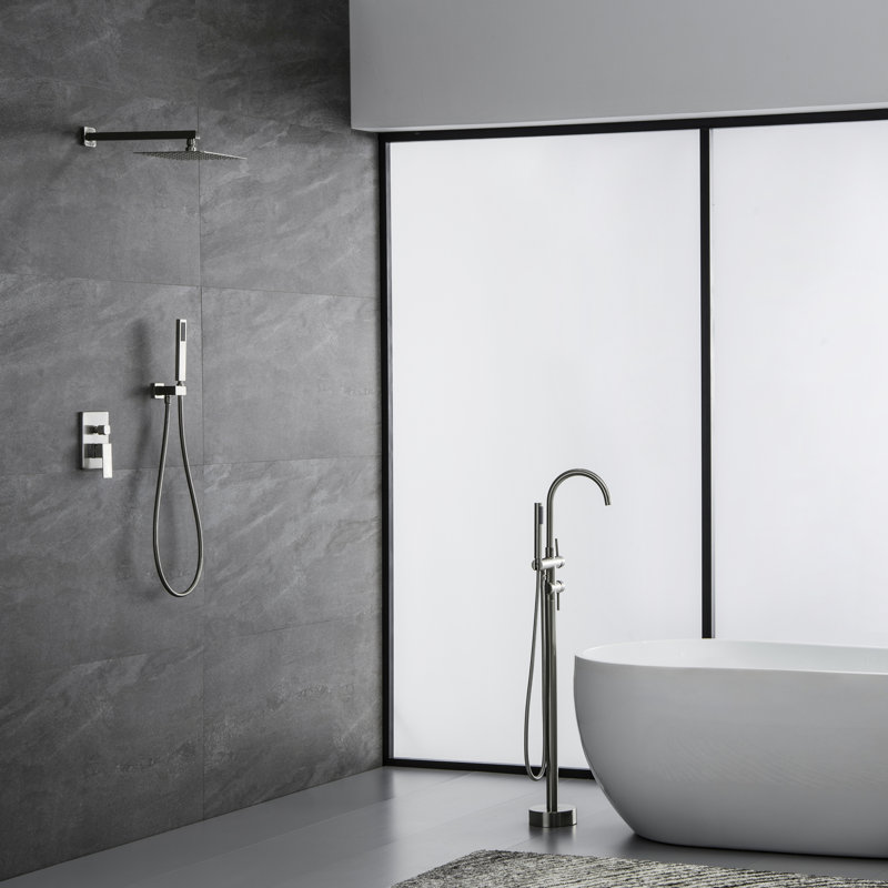 Luminaire de douche carré 10 po, noir mat et nickel brossé, valve d'équilibre, 2 têtes, robinet en laiton massif avec tête, balance, laiton, fixation murale