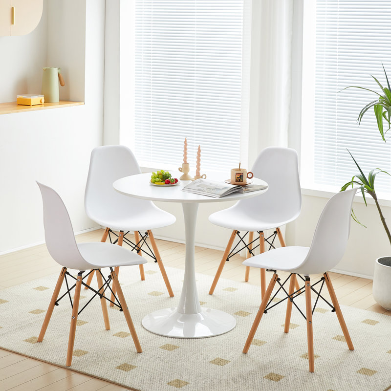 Modholic Tulip 36" Round Wood Dining Table & Set Of 4 Wood Leg Chairs, Multi, Green/Black/Red, 29.75"H x 35.5"L x 35.5"W