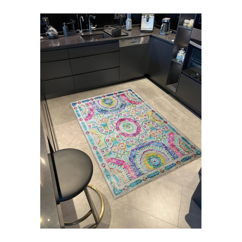 Multicolored Floral And Geometric Patterned Modern Decorative Carpet, Round 3'4"