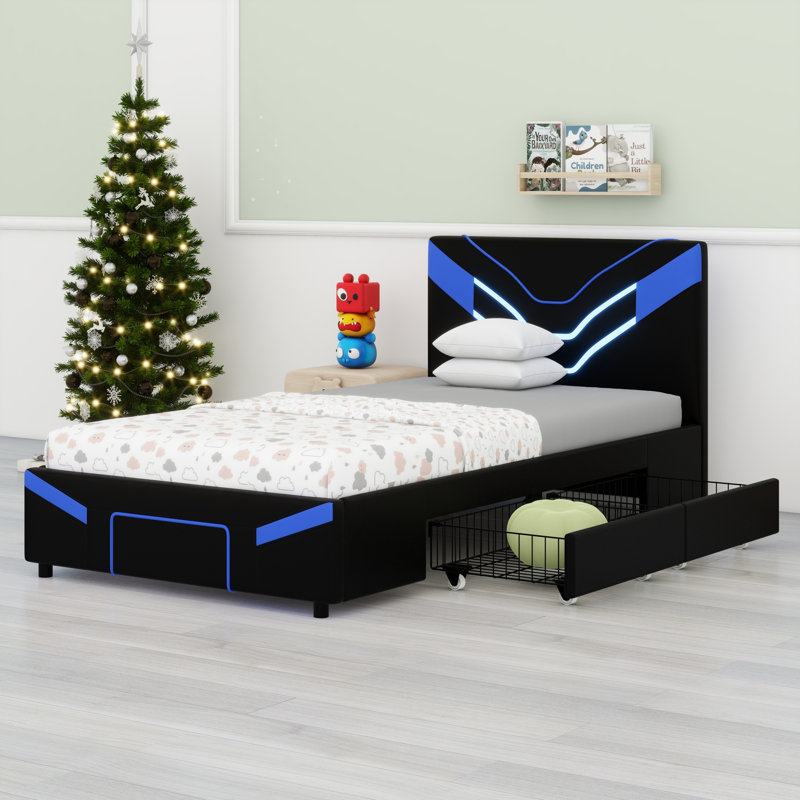 Lit plateforme tapissier élégant avec éclairage à DEL et tiroirs de rangement, Bleu