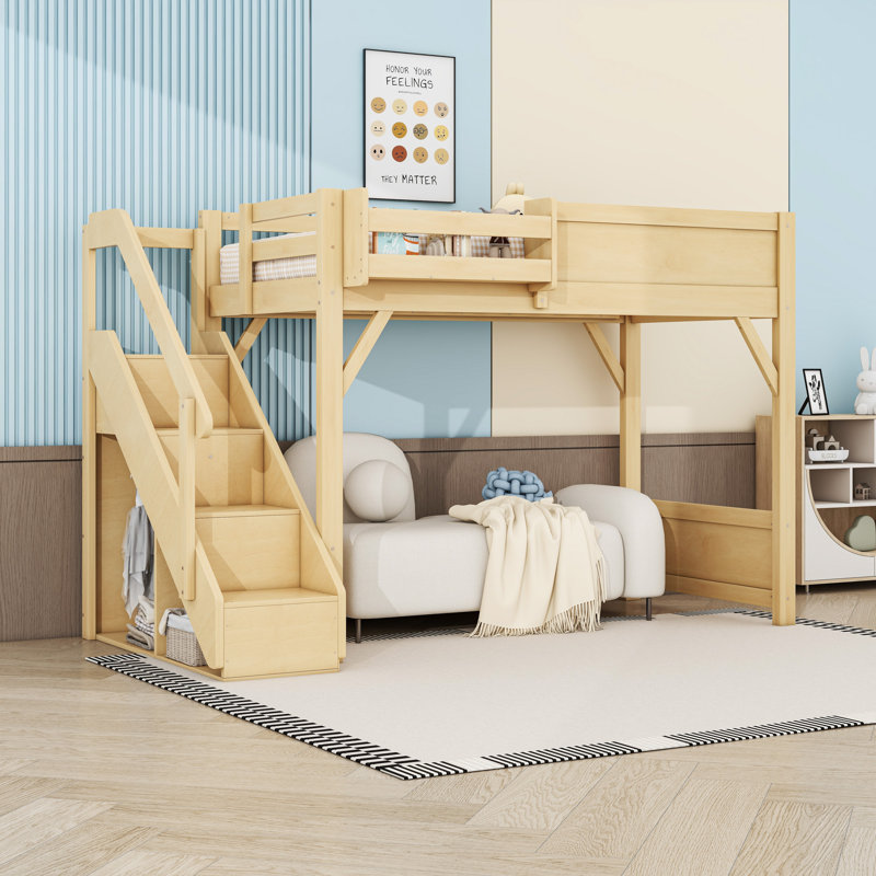 Lit mezzanine en bois peu encombrant avec garde-robe ouverte et escalier, Natural, Twin