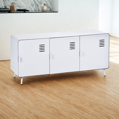 Minimalist Locker Tv Console, Industrial Steel Media Stand With Door Storage, Ventilated Cabinet Design For Urban Bedrooms Or Studio Living, White