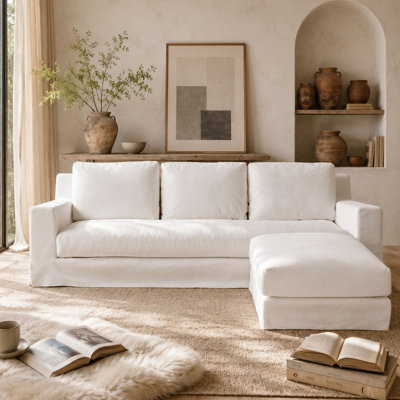 Modern Slipcovered Sofa With Removable Washable Cover, 3-Seater With Ottoman
