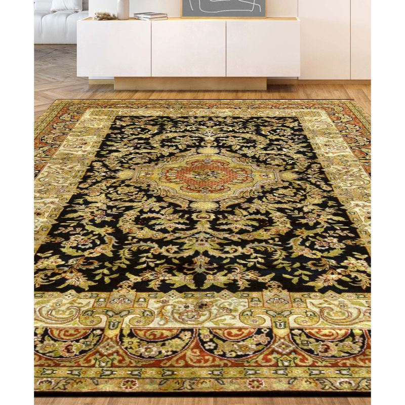 Hand Knotted Wool Oriental Area Rug in Black And Wine