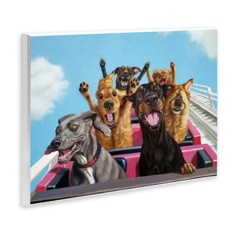 Chiens qui parcourent des montagnes russes avec parc d'attractions, H 13 po x l 19 po