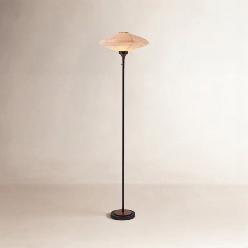 Lampe torchère Roswell - noir mat, noyer, abat-jour en lin Washi, base en marbre noir, gradateur