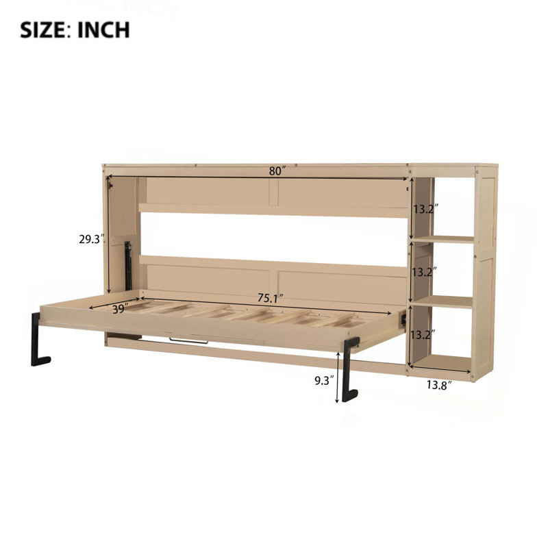 Murphy Bed with Bookshelf, Natural, Twin