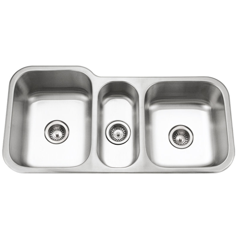 Houzer 40 in Stainless Undermount Triple Bowl Kitchen Sink with Strainers, Grids - MGT-4120-C