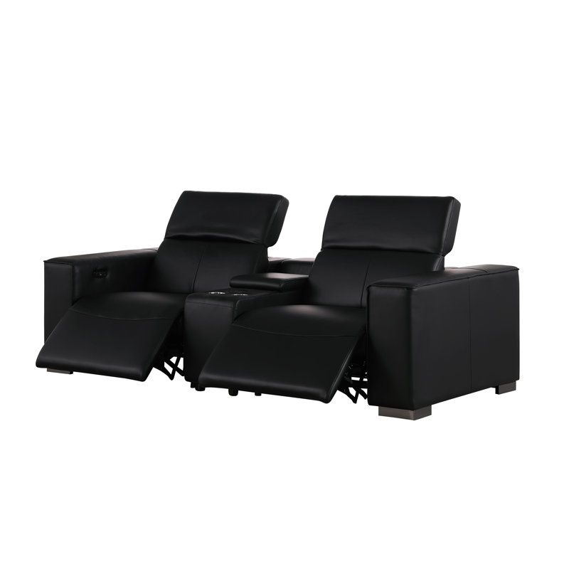 Luxurious Console Loveseat Power Reclining In Genuine Leather With Power Headrests, Black