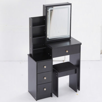 Petite coiffeuse 29,2 po avec tabouret de chevet gauche + grand tabouret rembourré, commande tactile, interrupteur tricolore, miroir à réglage de luminosité DEL, rangement grande capacité, certificat EPA, GCC, UL