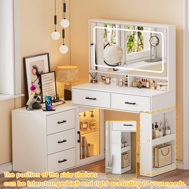 White Makeup Vanity Desk With Mirror And Lights & Charging Station, 3 Color Modes & Adjustable Brightness Dressing Table, Corner Vanity, L Shape Change
