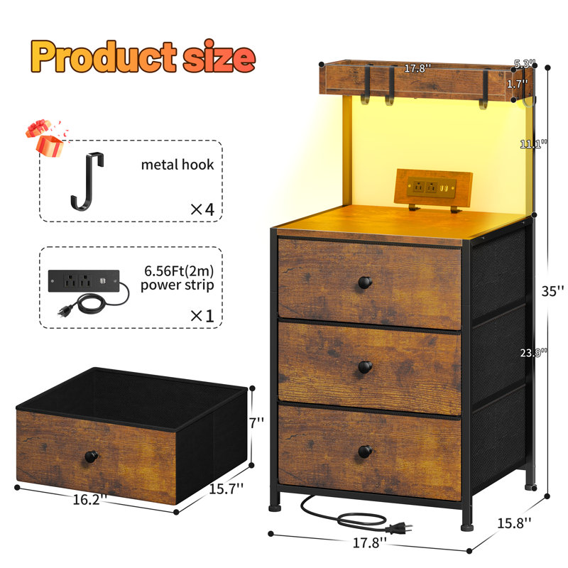 Table de chevet haute avec station de charge et lumières DEL avec table de chevet à 3 tiroirs et tablettes avec ports USB et prises de courant (ensemble de 2)