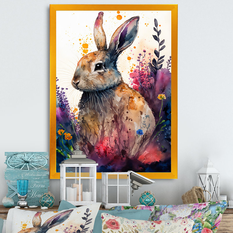 «Cute Rabbit Floral Art II», peinture sur toile, H 40 po x l 30 po x P 1,5 po, Impression dorée sur toile encadrée